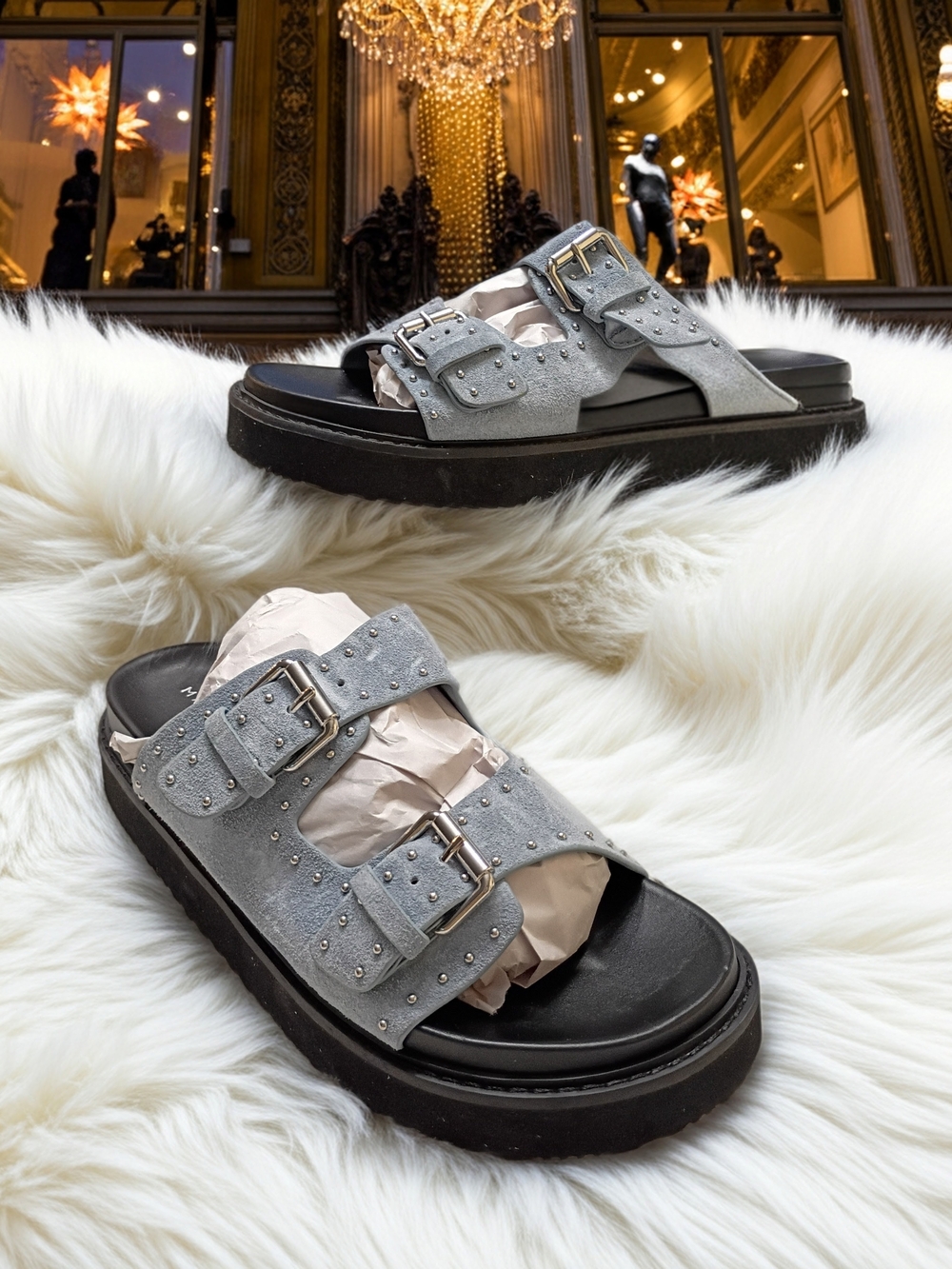 New Marc Fisher Blue Suede Studded Double-Buckle Platform Slide Sandals 10
